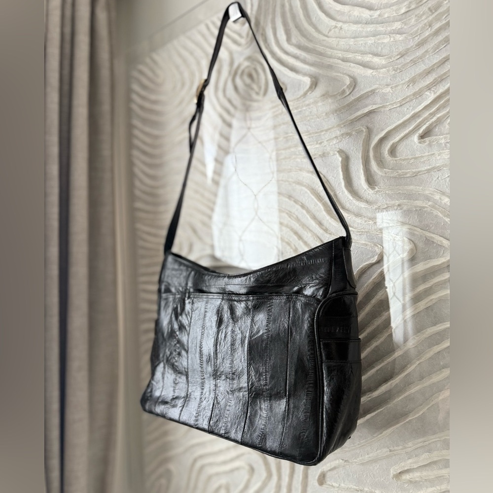 VTG Genuine Eel Skin Black Slouchy Hobo Shoulder Bag 70s 80s Made in Korea